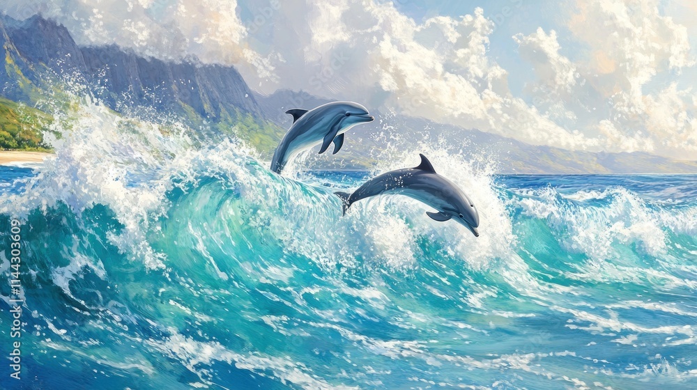 Fototapeta premium Two dolphins leap from vibrant ocean waves under a bright sky, showcasing marine beauty.