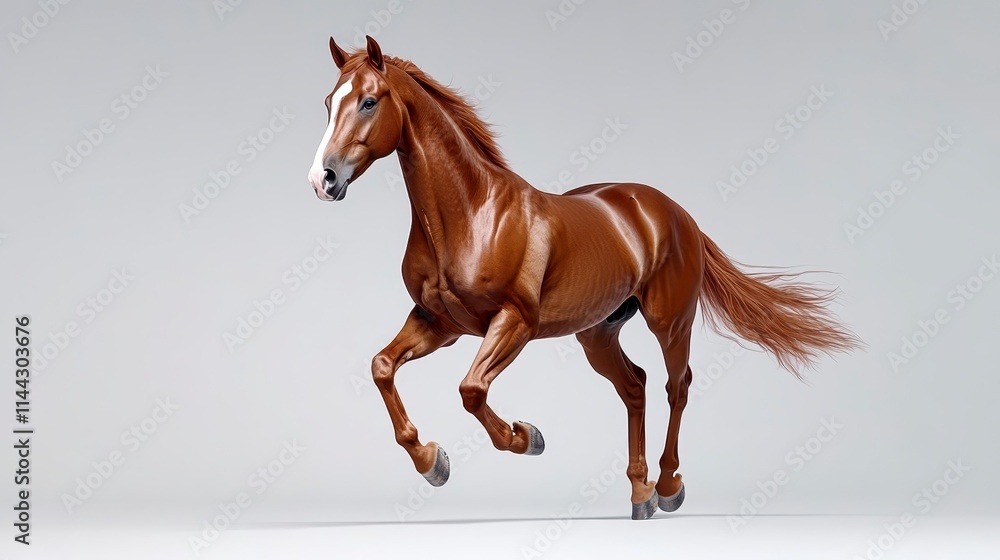 Naklejka premium A majestic brown horse gallops gracefully, showcasing its strength and elegance against a minimalist background.