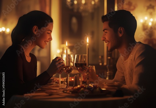 Romantic Couple Enjoying Candlelit Dinner Date photo