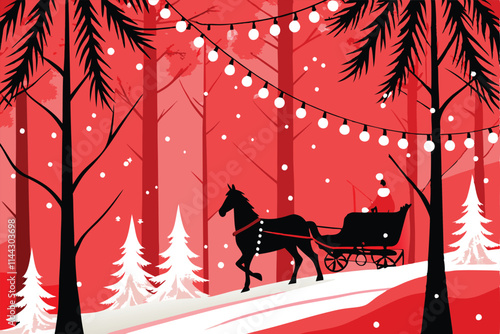 A picturesque winter scene of a horse-drawn sleigh gliding through a snow-covered landscape, perhaps with a snowy forest or village in the background.