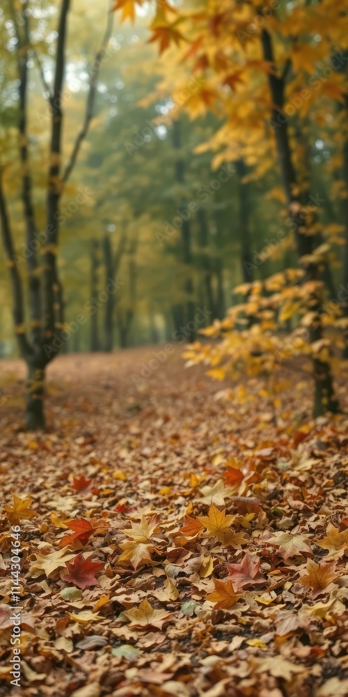 Vibrant autumn leaves scattered across a blurred forest backdrop, woods, background, forest Vibrant autumn leaves scattered across a blurred forest backdrop, woods, background, forest