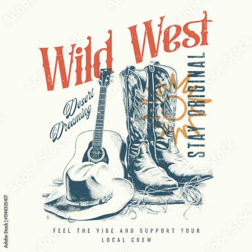Western rodeo vintage cowboy hat cap vector with typography design, Cowboy western and wild west theme. Hand-drawn vector. beautiful pattern for fashion design vector illustration, Arizona desert