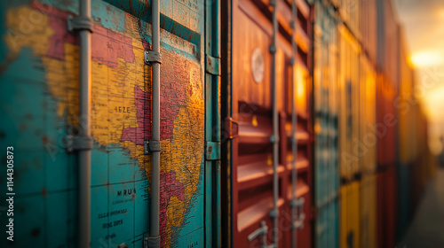 Close-Up Of A Colorful World Map On A Container Door, Representing The Concept Of Global Trade And Shipping