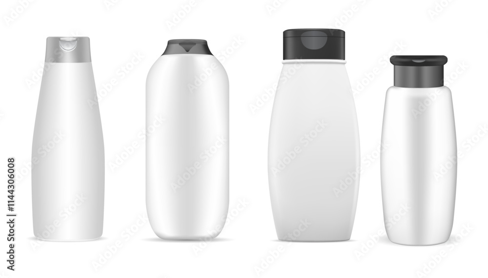 Shampoo shower gel cosmetic bottle vector mockup. Realistic cosmetic lotion tube template. Moisturizer cream soap package collection. Shampoo bottle with cap, spa and wash pack Shampoo shower gel cosmetic bottle vector mockup. Realistic cosmetic lotion tube template. Moisturizer cream soap package collection. Shampoo bottle with cap, spa and wash pack