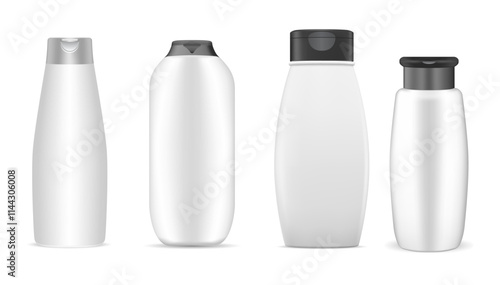 Shampoo shower gel cosmetic bottle vector mockup. Realistic cosmetic lotion tube template. Moisturizer cream soap package collection. Shampoo bottle with cap, spa and wash pack