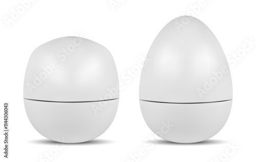 Lip balm round cosmetic package vector template. Egg shape skin moisture cream box mock up. White plastic beauty container with cap, realistic illustration. Lipstick tube blank