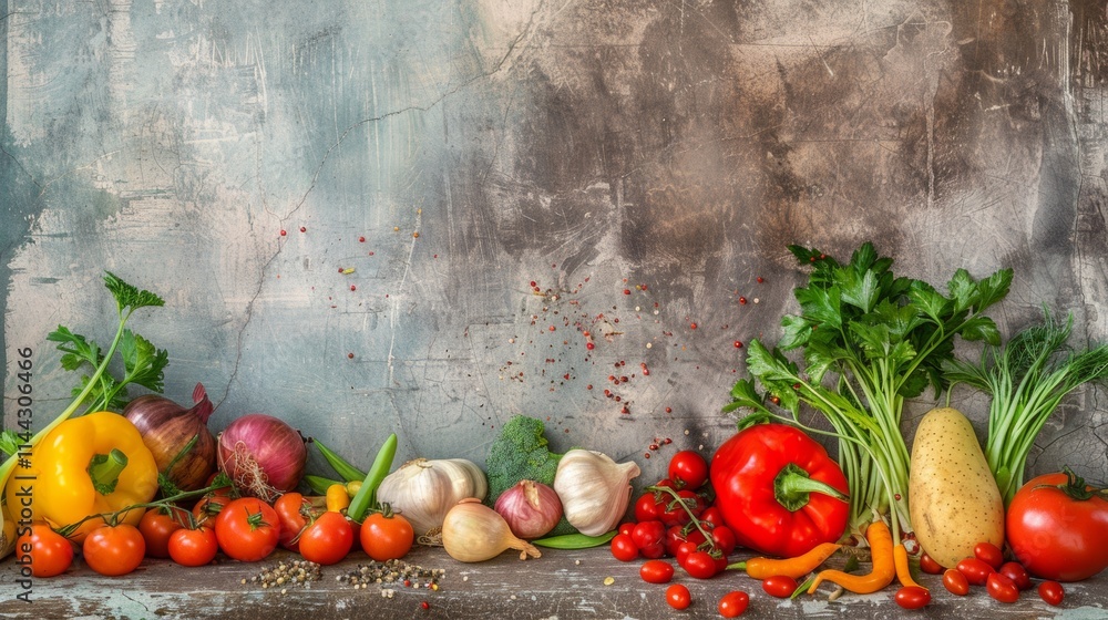 Fresh vegetables and fruits lined up against a rustic textured wall Fresh vegetables and fruits lined up against a rustic textured wall