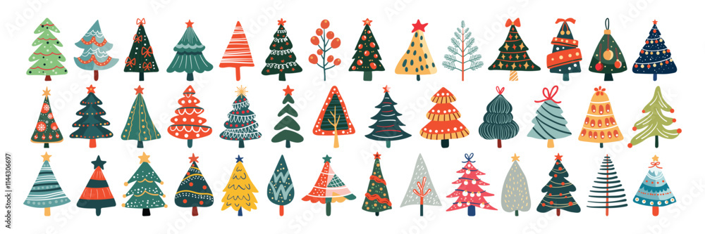 Set of isolated Christmas trees in cute doodle hand-drawn style on a transparent background. Volume 3: Vivid red, green and yellow color tones. Set of isolated Christmas trees in cute doodle hand-drawn style on a transparent background. Volume 3: Vivid red, green and yellow color tones.
