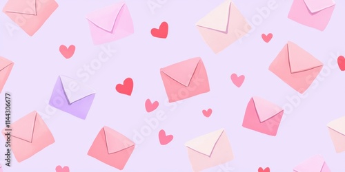 Pastel Envelopes and Hearts Scattered on Lavender Background