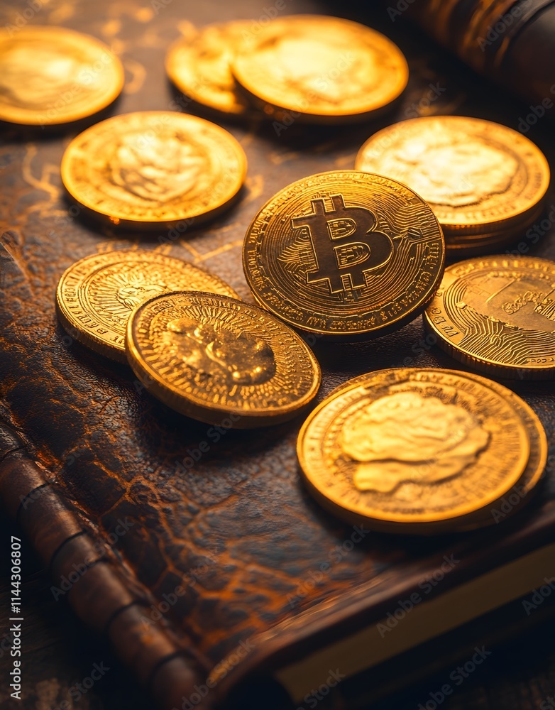 Golden Bitcoin coins on antique book. Golden Bitcoin coins on antique book.