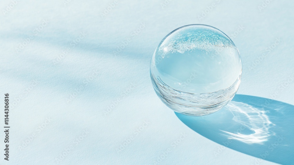A clear glass sphere resting on a light blue surface, casting a soft shadow. A clear glass sphere resting on a light blue surface, casting a soft shadow.