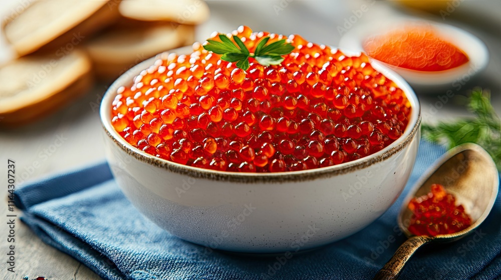 A close-up of red caviar in a white bowl on a blue linen napkin, with a rustic spoon and slices of bread nearby A close-up of red caviar in a white bowl on a blue linen napkin, with a rustic spoon and slices of bread nearby