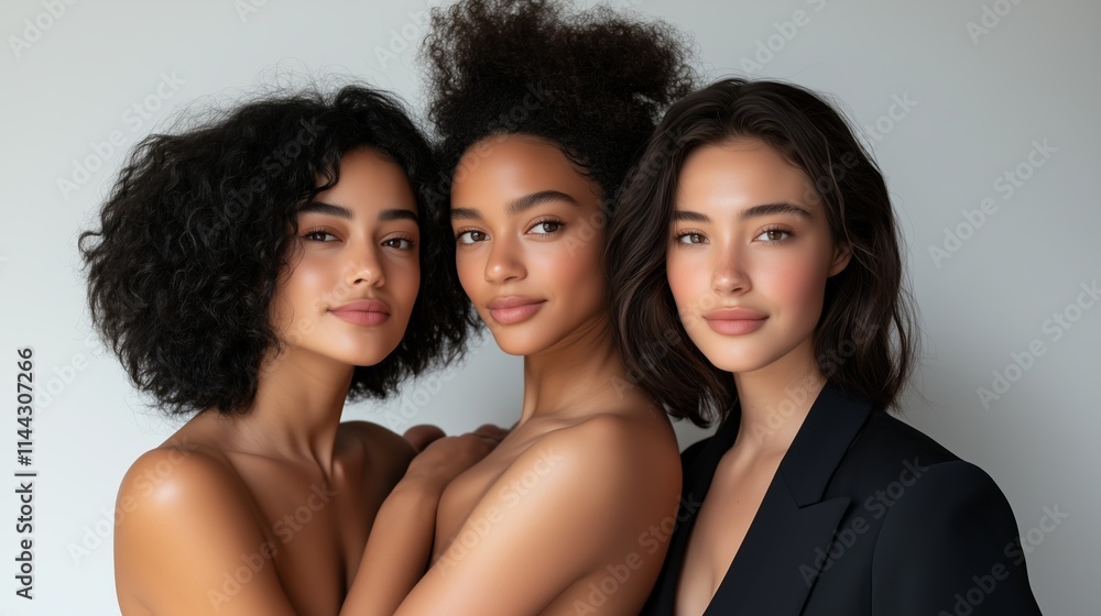 Three women with different hairstyles pose together in an artistic setting showcasing natural beauty and diversity Three women with different hairstyles pose together in an artistic setting showcasing natural beauty and diversity