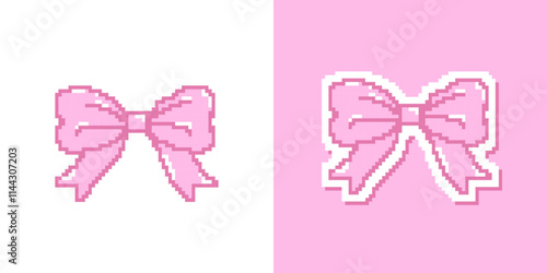 Vector pink color Ribbon bow tie in pixel art style isolated illustration and sticker. Design for Valentine card, birthday element, celebration, items for game, mobile app and more