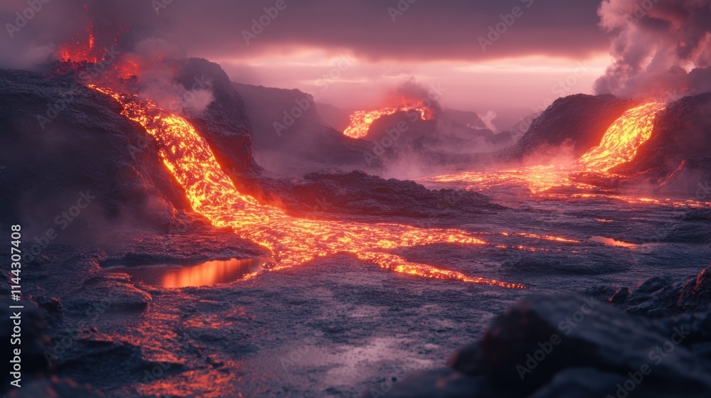 A dramatic volcanic landscape with flowing lava and smoke under a moody sky. A dramatic volcanic landscape with flowing lava and smoke under a moody sky.