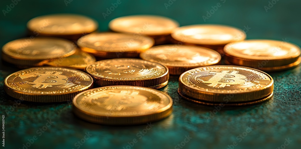 Close-up of golden Bitcoin coins scattered on a dark green surface. Close-up of golden Bitcoin coins scattered on a dark green surface.