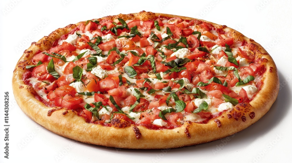 Freshly Baked Pizza Topped with Tomatoes, Mozzarella, and Basil on a White Background Freshly Baked Pizza Topped with Tomatoes, Mozzarella, and Basil on a White Background