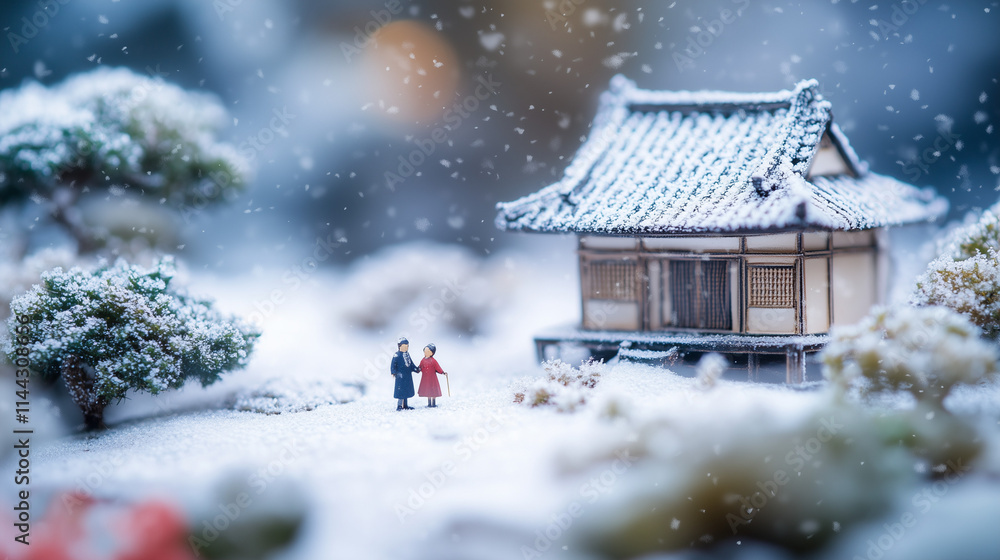 Fototapeta premium Miniature Winter Wonderland - Snowy Shrine and People