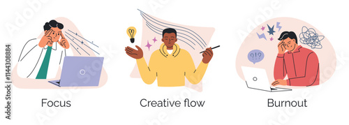 Set of vector illustrations, emotional and psychological states at work, men with burnout, focus, and creative flow, cartoon characters. Workplace challenges and productivity in flat style
