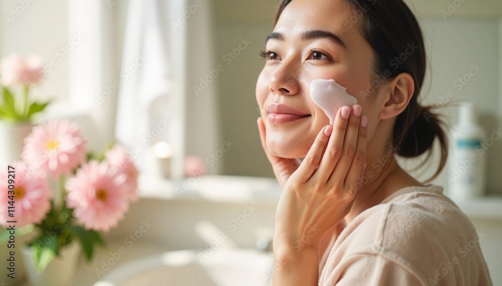 Smiling woman applying face cream in a bright bathroom Smiling woman applying face cream in a bright bathroom