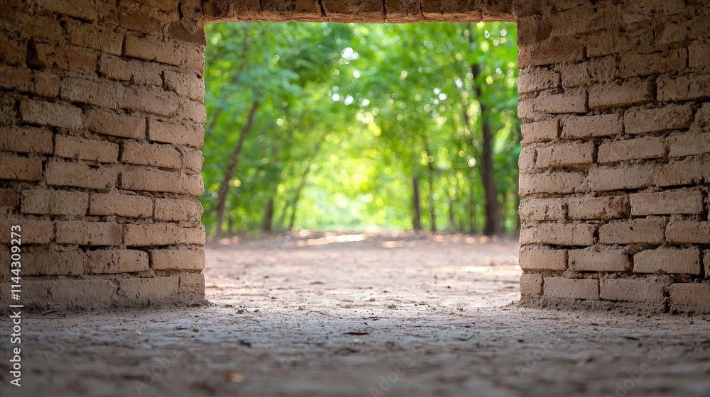 Fototapeta premium Brick tunnel opening to a sunlit path.