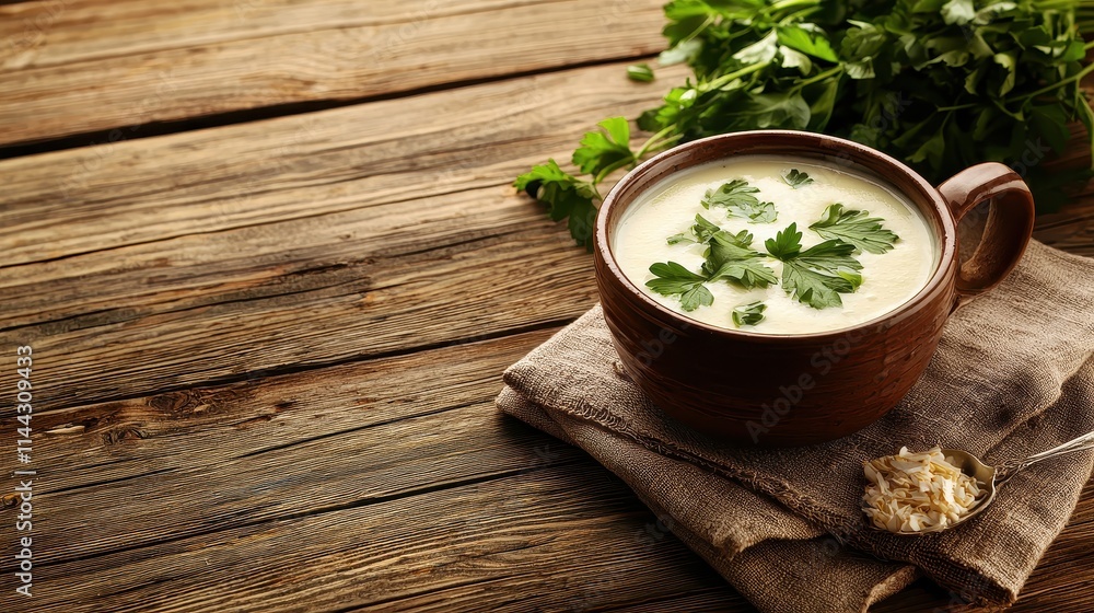Creamy Soup with Fresh Herbs in Rustic Bowl on Wooden Table Setting Creamy Soup with Fresh Herbs in Rustic Bowl on Wooden Table Setting