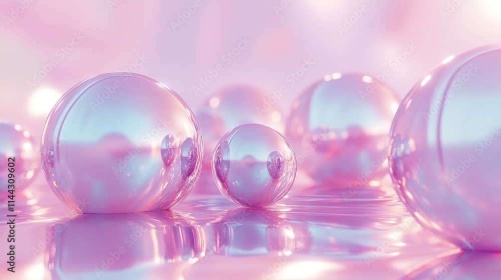 A serene arrangement of glossy, reflective spheres on a soft, pastel surface. A serene arrangement of glossy, reflective spheres on a soft, pastel surface.