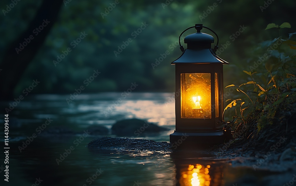 Glowing lantern by a tranquil river at dusk. Glowing lantern by a tranquil river at dusk.