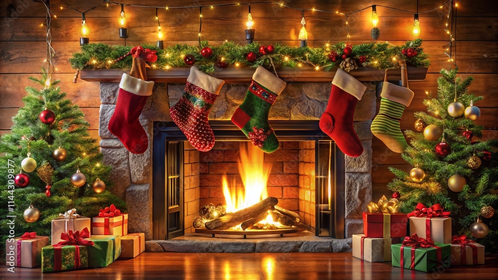 Naklejka premium Christmas Fireplace Stocking Decor: Cozy Holiday Mantelpiece with Festive Stockings and Ornaments