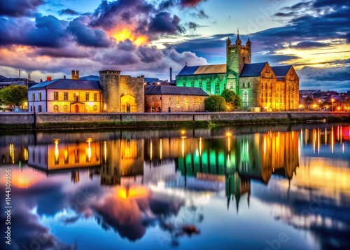 Limerick City Night Photography: St Mary's Cathedral & Court Building Reflection in River Shannon