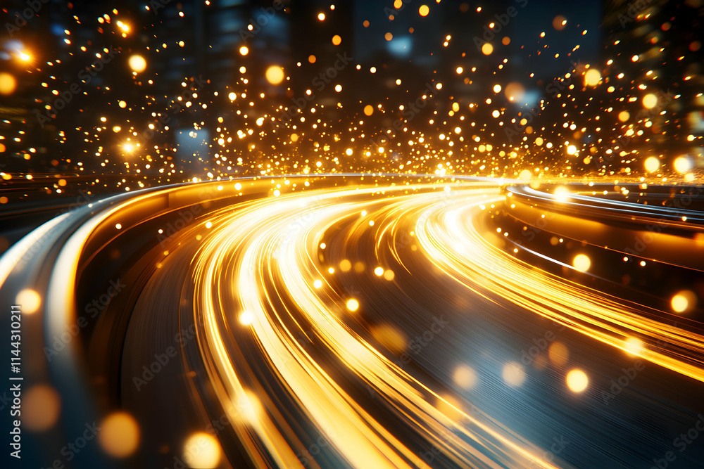Golden Light Trails on a Curving Road at Night, Illuminating the Path Ahead with Energetic Speed and Dynamic Movement. Abstract Motion Blur. Golden Light Trails on a Curving Road at Night, Illuminating the Path Ahead with Energetic Speed and Dynamic Movement. Abstract Motion Blur.