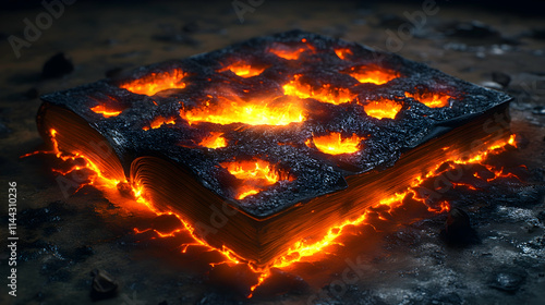 Burning book with glowing embers and lava. photo