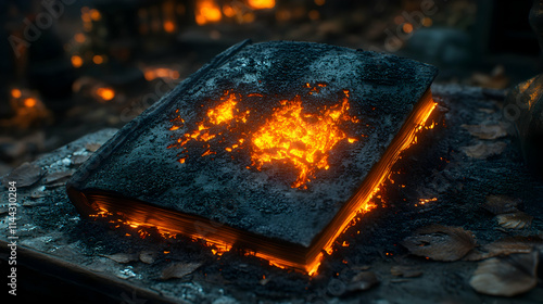 Burning book with glowing embers, dark fantasy scene. photo