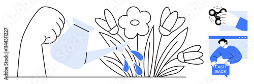 A hand waters flowers, symbolizing growth and care. Other elements include a hand holding a fidget spinner for stress relief and a person looking at cash back rewards online. Ideal for wellness