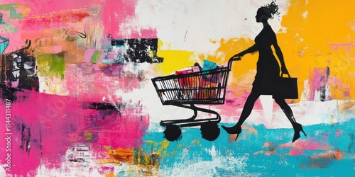 A Stylish Woman is Shopping with a Cart, Set Against a Colorful and Abstract Background