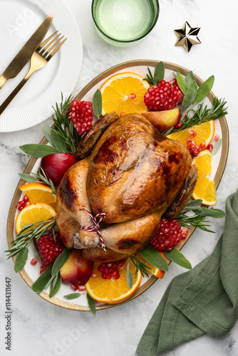 Christmas roasted chicken with apples, oranges, pomegranates and herbs on a large plate on a marble background. Festive new year poultry dish. Top view