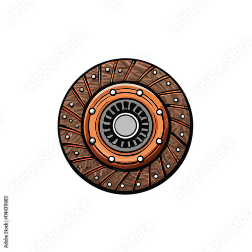 Close-up detailed image of a worn automotive clutch plate, showcasing its textured friction surface and wear patterns.  Emphasis on material texture and mechanical detail.