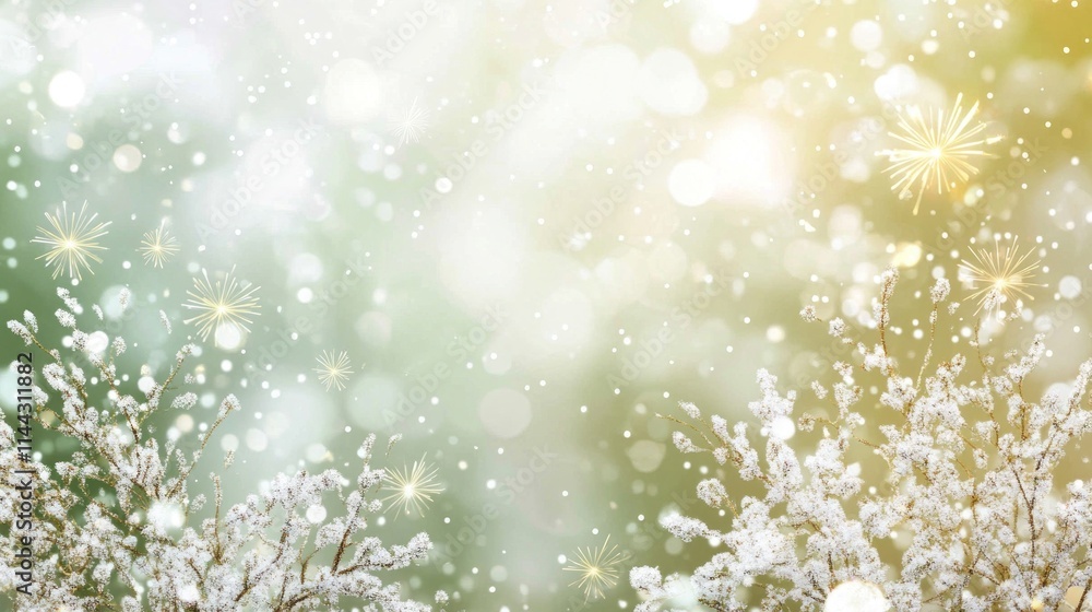 Festive winter background with snowy branches, bokeh lights, and sparkles. Festive winter background with snowy branches, bokeh lights, and sparkles.