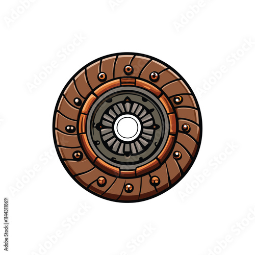 Close-up detailed image of a worn automotive clutch plate, showcasing its textured friction surface and wear patterns.