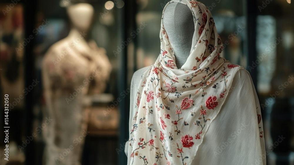 Fototapeta premium A delicate shawl with floral embroidery styled on a mannequin in a high-fashion setting