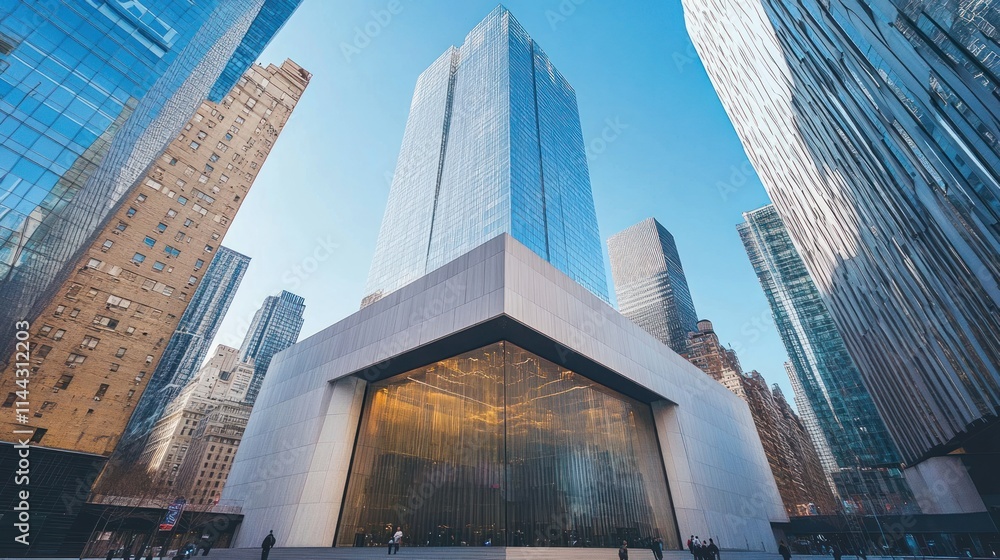 Naklejka premium A modern skyscraper with a geometric design, surrounded by other tall buildings in an urban setting.