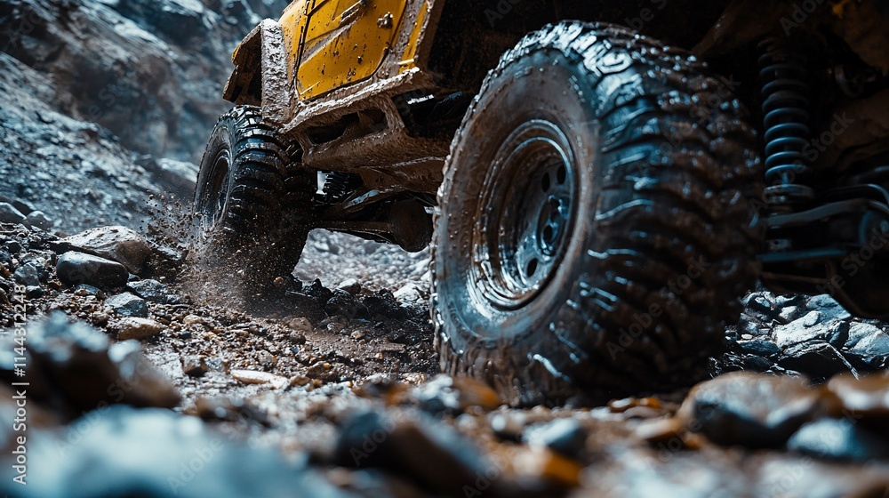 Yellow off-road vehicle climbs rocky, muddy terrain. Yellow off-road vehicle climbs rocky, muddy terrain.