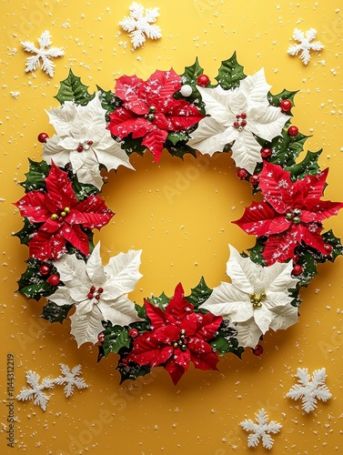 Vibrant Christmas Wreath Decorated with Poinsettias and Holly on a Bright Yellow Background for Festive Holiday Celebrations