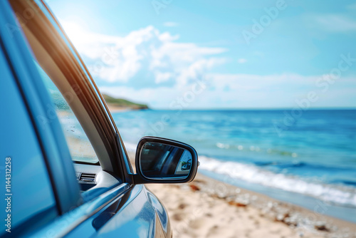 Reflection of a peaceful beach and ocean from a car side mirror, showing a calm coastal journey.