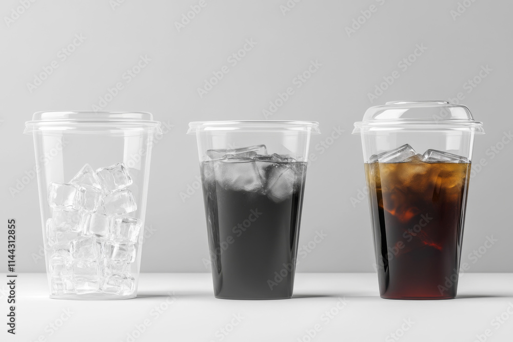 A realistic looking disposable transparent ice cup, a transparent plastic cup mockup with a lid, and an iced Americano A realistic looking disposable transparent ice cup, a transparent plastic cup mockup with a lid, and an iced Americano