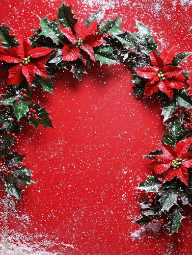 Festive Christmas Wreath with Red Poinsettias and Holly on Snowy Red Background for Decorative Use in Holiday Arts and Crafts
