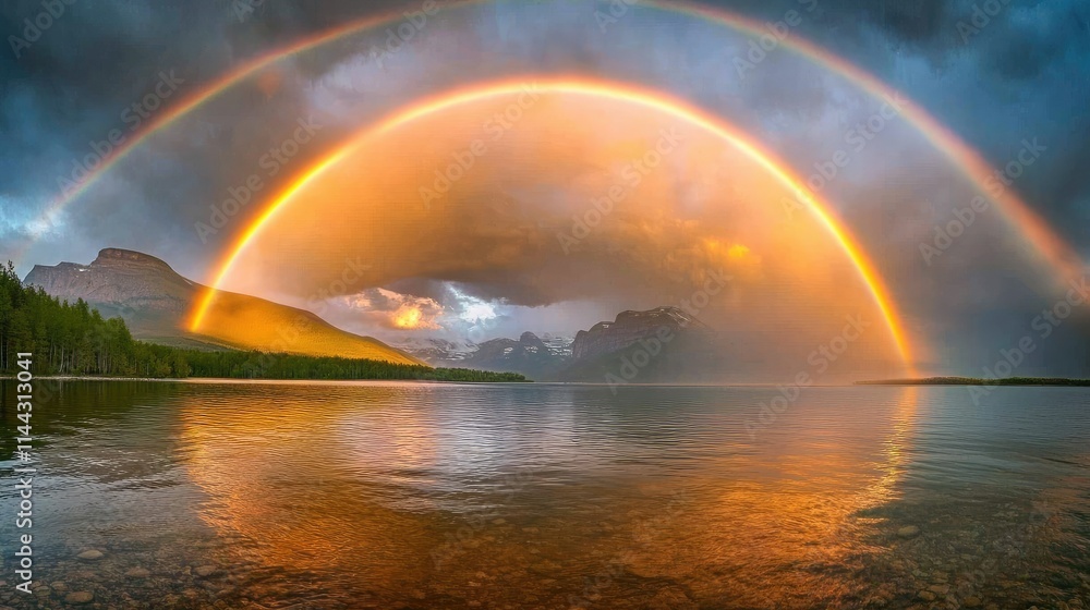 A double rainbow emerges from the sea, the vibrant arcs creating a mesmerizing display against a soft, cloudy sky A double rainbow emerges from the sea, the vibrant arcs creating a mesmerizing display against a soft, cloudy sky