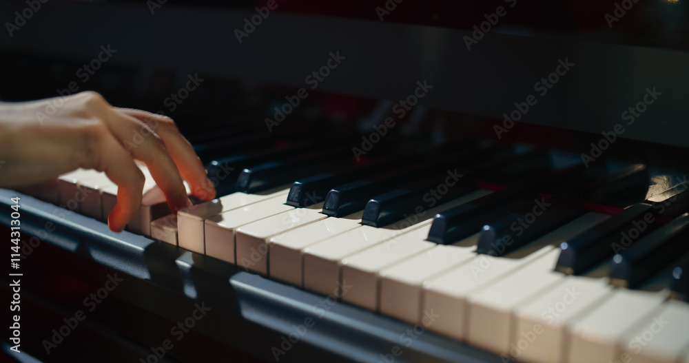 Close Up on an Anonymous Pianist Performing Classical Instrumental Music on Stage. Female Musician Using a Grand Piano to Create Beautiful, Melodic Jazz Improvisation. Hands Moving Across the Keys Close Up on an Anonymous Pianist Performing Classical Instrumental Music on Stage. Female Musician Using a Grand Piano to Create Beautiful, Melodic Jazz Improvisation. Hands Moving Across the Keys