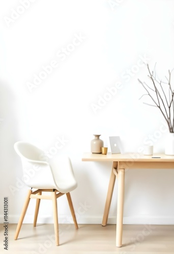 A minimalist home office setup with a wooden desk, a white chair, and a vase with branches on the desk. The background is blurred , creating a clean and serene atmosphere.