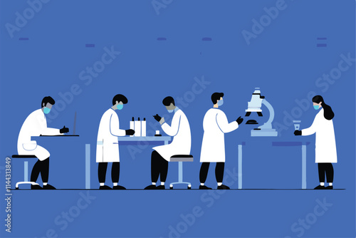 Create a vibrant vector illustration depicting modern medical research; showcasing scientists collaborating, advanced lab equipment, and microscopic cellular structures.